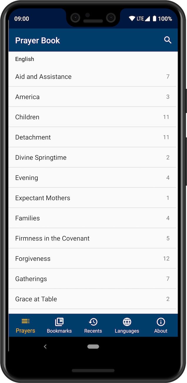 Screen shot of the English prayer categories in the prayer book app