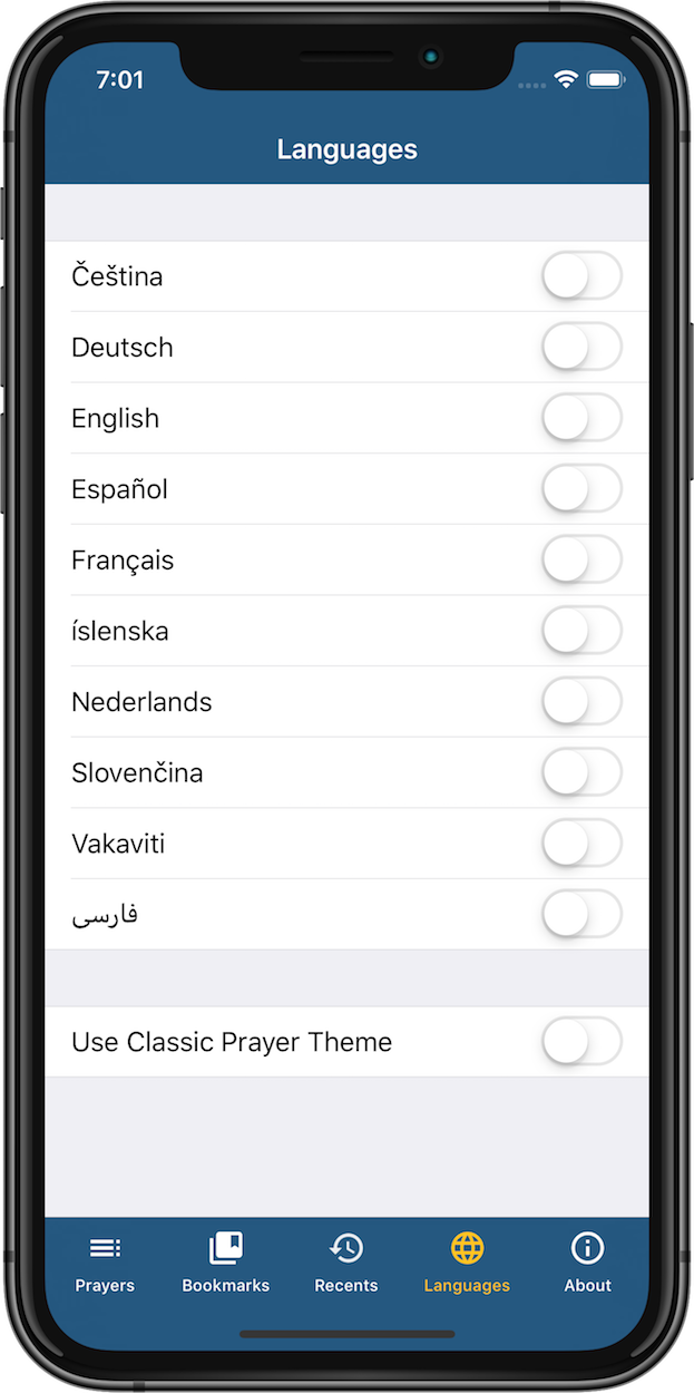 Screen shot of the languages tab in the prayer book app